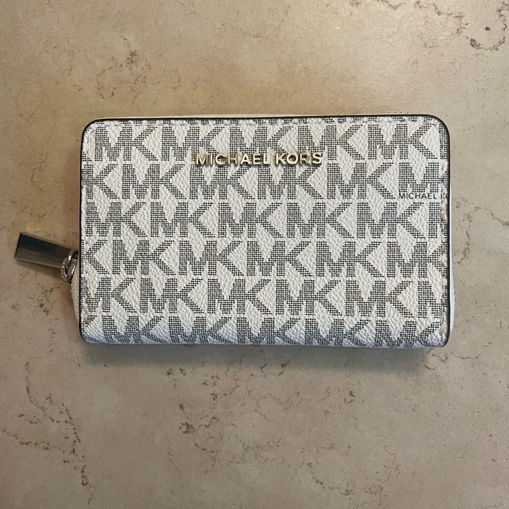 Michael Kors Silver and White Logo Zip Around Wallet